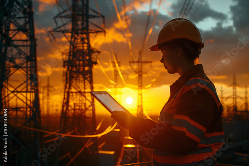 A lineman silhouetted against a brilliant orange sunset, working atop a utility pole. photo