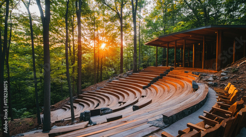 Serene Outdoor Amphitheater Surrounded by Lush Green Trees