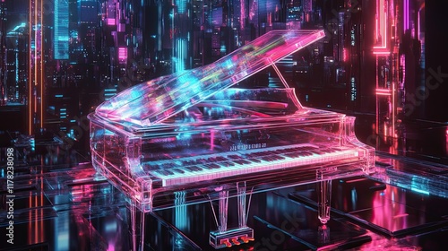 A Transparent Grand Piano in a Futuristic Cityscape photo