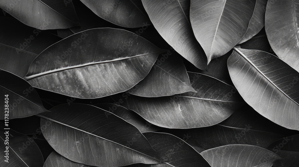 Black and White Close-Up of Tropical Leaves in Abundant Layering Black and White Close-Up of Tropical Leaves in Abundant Layering