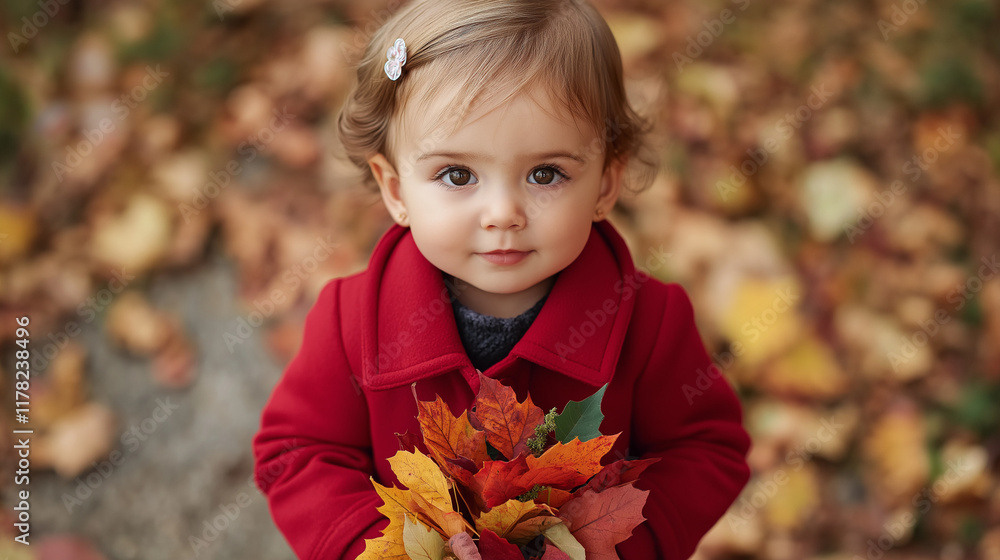 A small toddler girl in a bright red coat smiles while holding a handful of vibrant autumn leaves, surrounded by fallen foliage in a sunlit park, copy space A small toddler girl in a bright red coat smiles while holding a handful of vibrant autumn leaves, surrounded by fallen foliage in a sunlit park, copy space