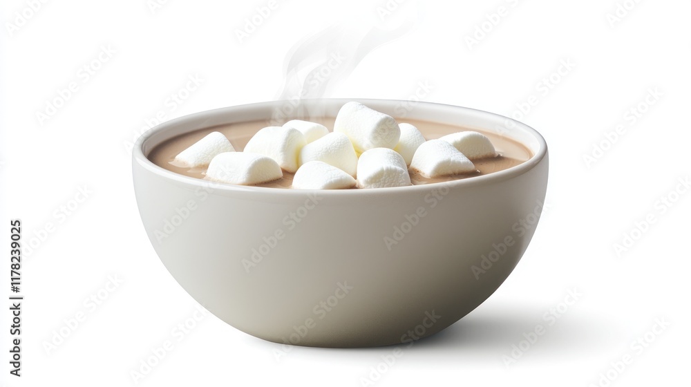 A steaming bowl of hot chocolate topped with fluffy marshmallows. A steaming bowl of hot chocolate topped with fluffy marshmallows.