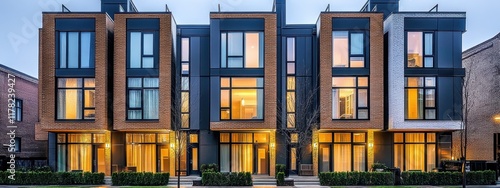 Wallpaper Mural Modern apartment building, illuminated windows at dusk, geometric facade, warm glow, urban living, panoramic view, contemporary architecture, glass balconies, reflective surfaces, residential complex, Torontodigital.ca