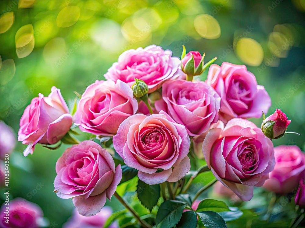 Pink Rose Bouquet Tilt-Shift Garden Photography - Lush Green Foliage, Miniature Effect Pink Rose Bouquet Tilt-Shift Garden Photography - Lush Green Foliage, Miniature Effect