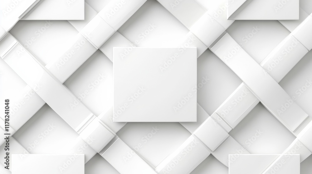 Fototapeta premium Clean Minimalist Mockup: A pristine white square card nestled within a geometric pattern of interwoven white stripes, offering a sleek and modern backdrop for branding or design presentation.