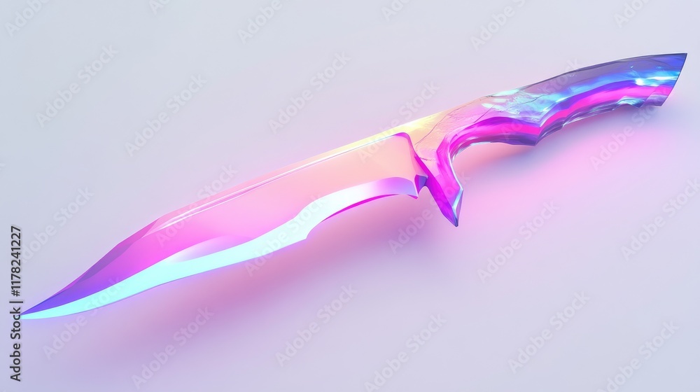 Naklejka premium A futuristic, glowing neon knife with jagged edges displayed on a clean, modern white backdrop, emphasizing the contrast of light and form