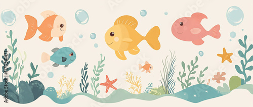 Cute cartoon fish swimming in ocean with seaweed.