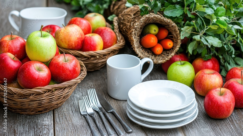 A rustic table setting with fresh apples and diningware. A rustic table setting with fresh apples and diningware.