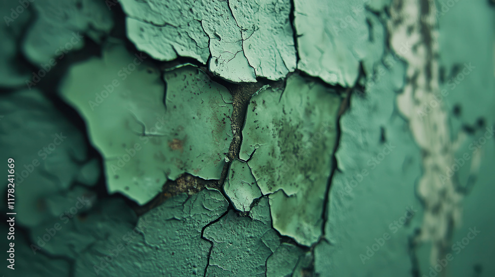 Detailed Close-Up Shot of a Decayed Wall with Peeling Green Paint and Texture Detailed Close-Up Shot of a Decayed Wall with Peeling Green Paint and Texture