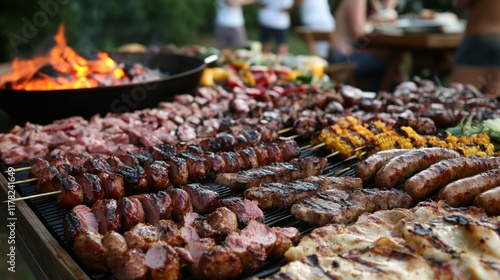 A barbecue feast spread on a table, featuring assorted grilled pork cuts, sausages, and kebabs, ready to be enjoyed with friends and family.