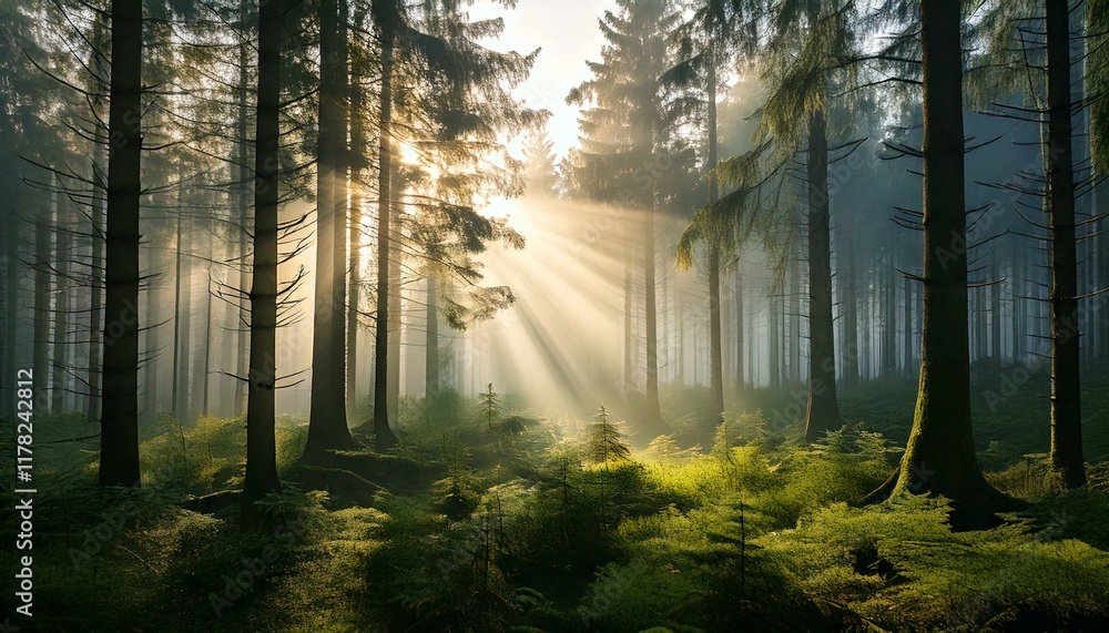 Obraz premium morning in a dense pine forest with rays of sunlight piercing 