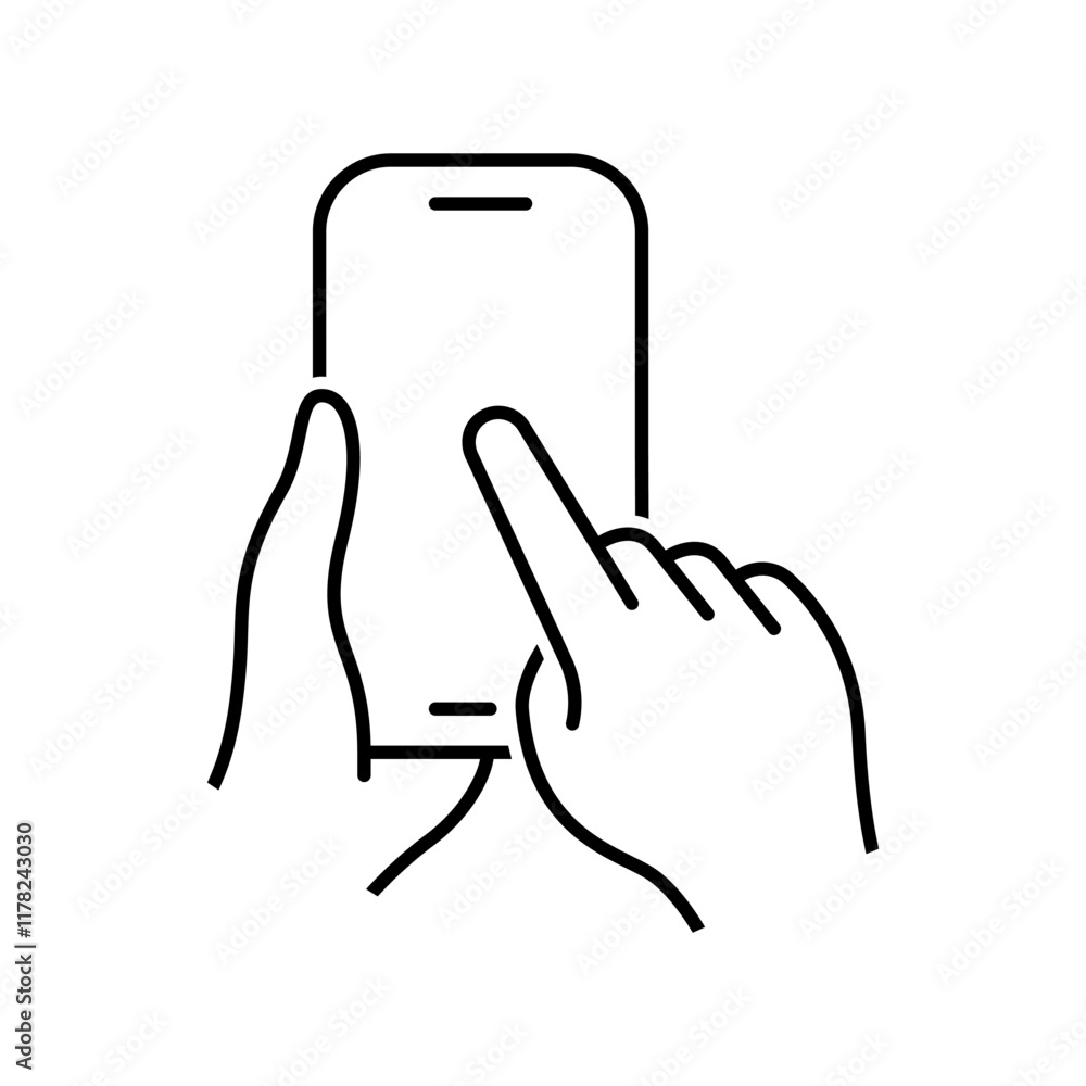Hands holding mobile phone in line style icon. Smartphone held by two hands PNG symbol. Hand holding a smartphone signs vector illustration for apps and website Hands holding mobile phone in line style icon. Smartphone held by two hands PNG symbol. Hand holding a smartphone signs vector illustration for apps and website
