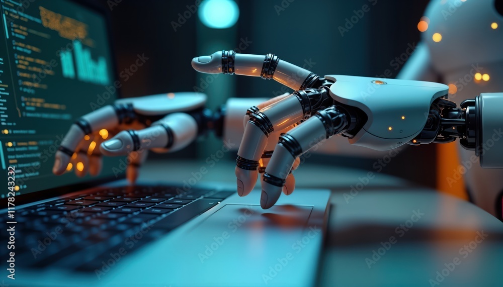 Obraz premium Robot hands use laptop. Robotic arms touch laptop touchpad. Artificial intelligence concept. Future of work. Digital technology. AI advisor chatbot. Modern business. Automated process. Cybernetic