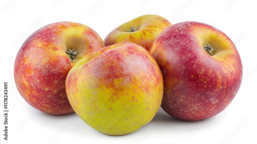 A cluster of fresh, red and yellow apples on a white background. A cluster of fresh, red and yellow apples on a white background.