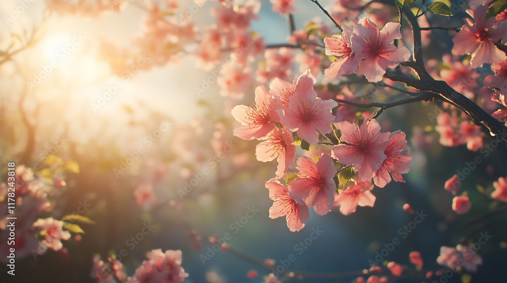 Pink cherry blossoms backlit by warm sunset. Pink cherry blossoms backlit by warm sunset.