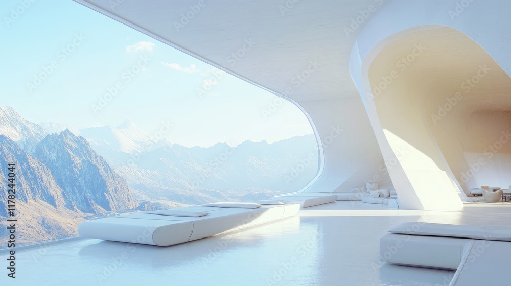 Fototapeta premium A minimalist futuristic white architectural design with panoramic views of the mountains, harmonizing modern aesthetics with the natural environment