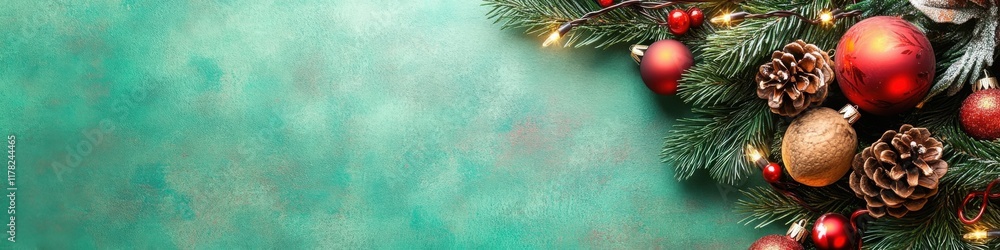 Festive holiday decorations with wreath pine cones and fairy lights on green background Festive holiday decorations with wreath pine cones and fairy lights on green background