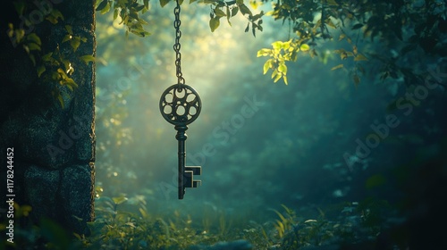 A mystical key hanging above an enchanted forest clearing, illuminated by soft, magical light, creating a sense of adventure and hidden secrets
