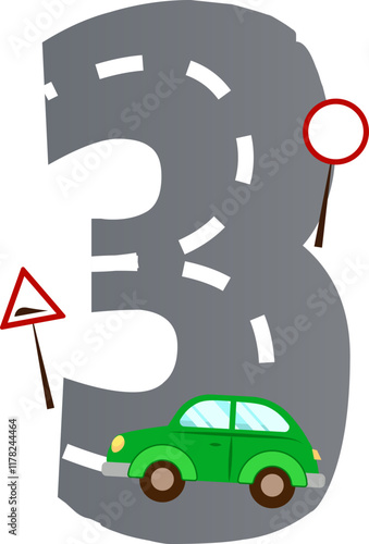 Three Number With Road And Car For Children