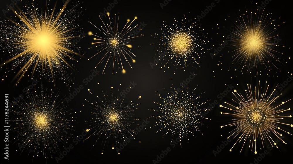 Naklejka premium A collection of golden sparkles and bursts against a dark background, ideal for celebrations.