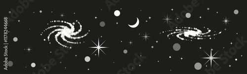 Vector illustration of space in a cartoon style (stylized), with planets, stars, galaxies.
