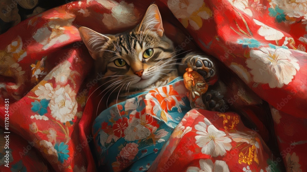 Fototapeta premium A playful cat in a traditional Japanese kimono, featuring vibrant floral patterns, with a serene and cultural ambiance in the scene