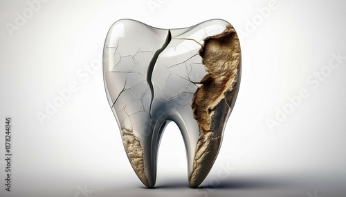 a cracked tooth split through the center with detailed texture isolated on white and white background photo