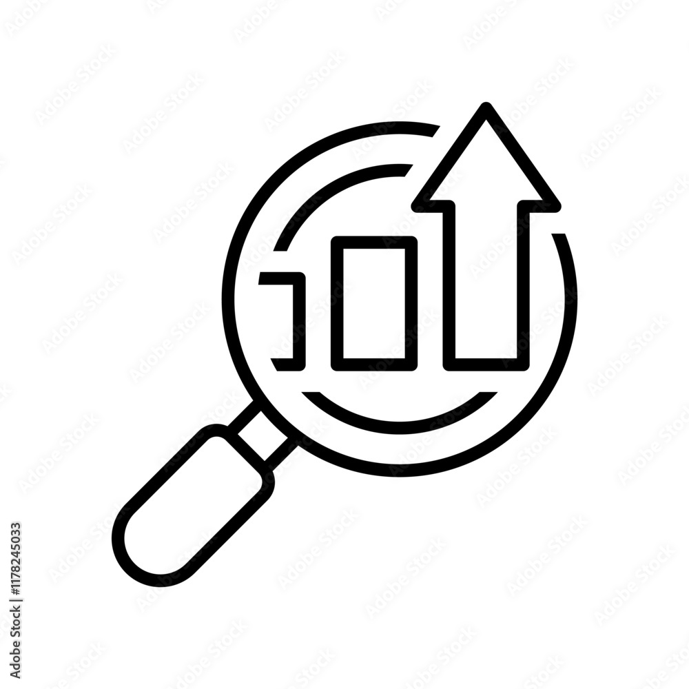 Business growing search in line style icon. Bar graph with arrow PNG symbol. Analytics growth chart with magnifying glass signs vector illustration for apps and website Business growing search in line style icon. Bar graph with arrow PNG symbol. Analytics growth chart with magnifying glass signs vector illustration for apps and website