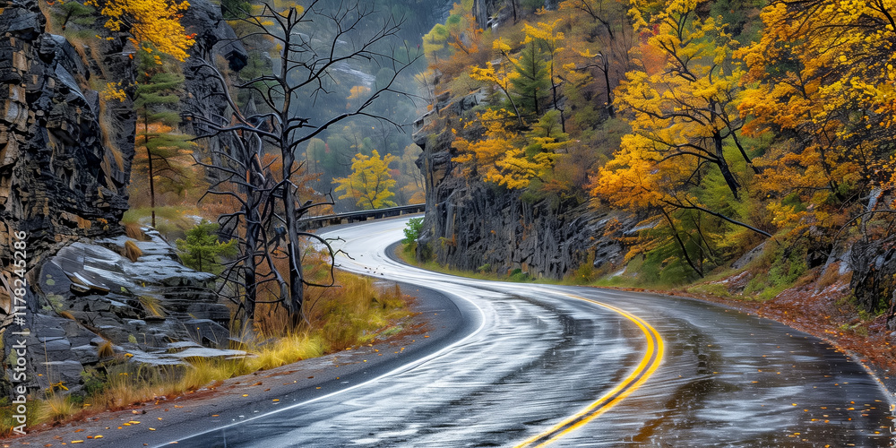 Naklejka premium Scenic autumn road winding through vibrant forest landscape