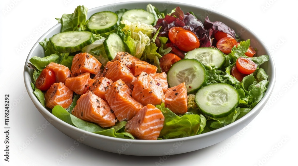 A colorful salad bowl filled with mixed greens, cherry tomatoes, cucumber slices, and chunks of smoked salmon, drizzled with tangy vinaigrette. A colorful salad bowl filled with mixed greens, cherry tomatoes, cucumber slices, and chunks of smoked salmon, drizzled with tangy vinaigrette.