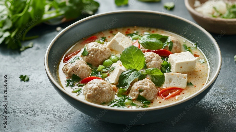 A comforting bowl of Gaeng Jued, Thai clear soup with pork meatballs, tofu, and vegetables, flavored with garlic and cilantro. A comforting bowl of Gaeng Jued, Thai clear soup with pork meatballs, tofu, and vegetables, flavored with garlic and cilantro.