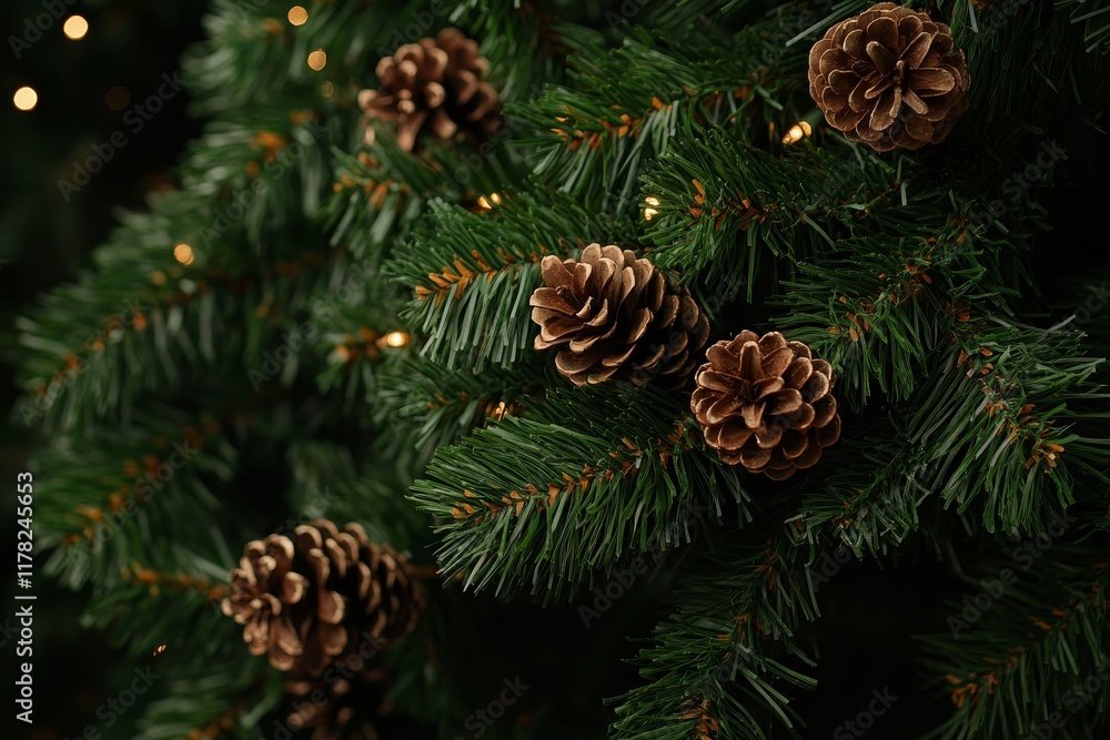Pine branch adorned with detailed brown cones stands out against a dark backdrop, highlighting its natural beauty and texture Pine branch adorned with detailed brown cones stands out against a dark backdrop, highlighting its natural beauty and texture