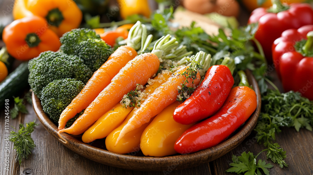 Fresh colorful vegetables, carrots, broccoli, bell peppers arranged on wooden bowl. Fresh colorful vegetables, carrots, broccoli, bell peppers arranged on wooden bowl.