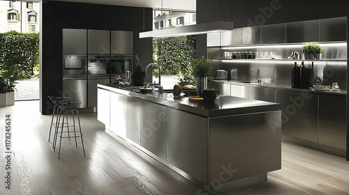 Sleek Stainless Steel Modern Kitchen: Island, Appliances, and Minimalist Design