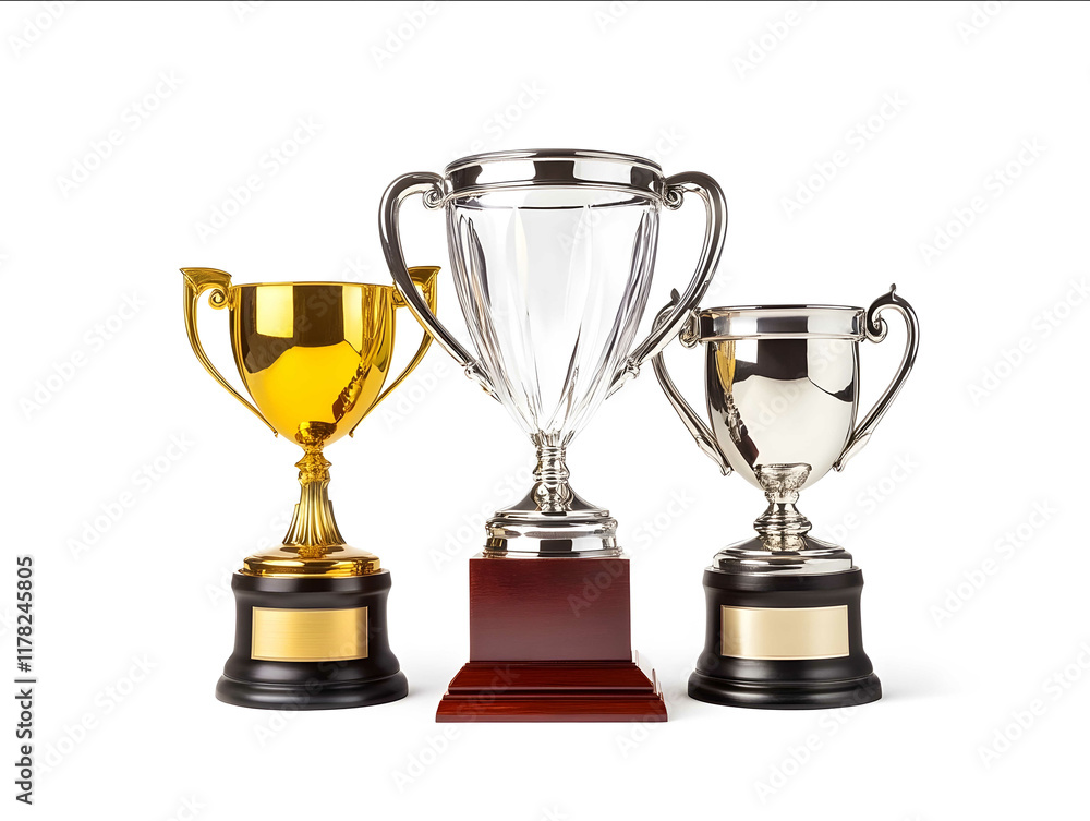 An ultrarealistic composition of trophies including a transparent glass trophy a gold trophy and a silver trophy in front of a white background The base is made from p An ultrarealistic composition of trophies including a transparent glass trophy a gold trophy and a silver trophy in front of a white background The base is made from p