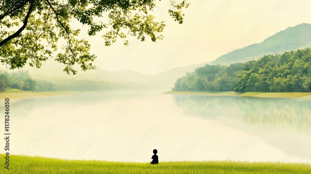 Serene Reflection of a Child by a Tranquil Lake Surrounded by Lush Green Mountains and Misty Landscape Serene Reflection of a Child by a Tranquil Lake Surrounded by Lush Green Mountains and Misty Landscape