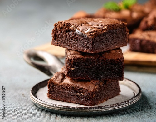 close up of homemade chocolate brownies with copyspace