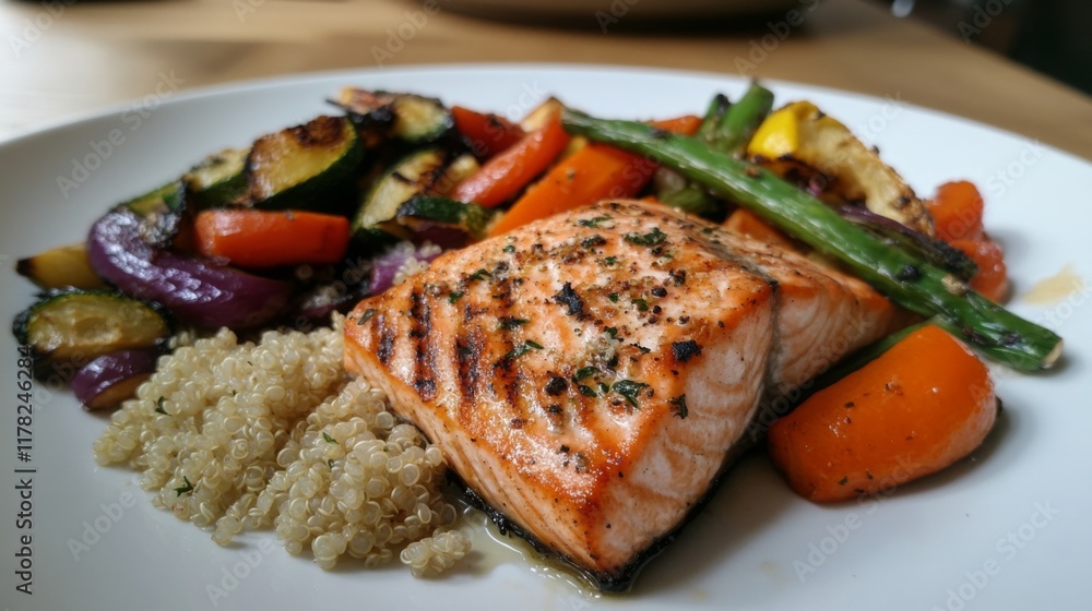 A delicious and healthy meal of grilled salmon fillets served with roasted vegetables and quinoa, creating a balanced and nutritious dish. A delicious and healthy meal of grilled salmon fillets served with roasted vegetables and quinoa, creating a balanced and nutritious dish.