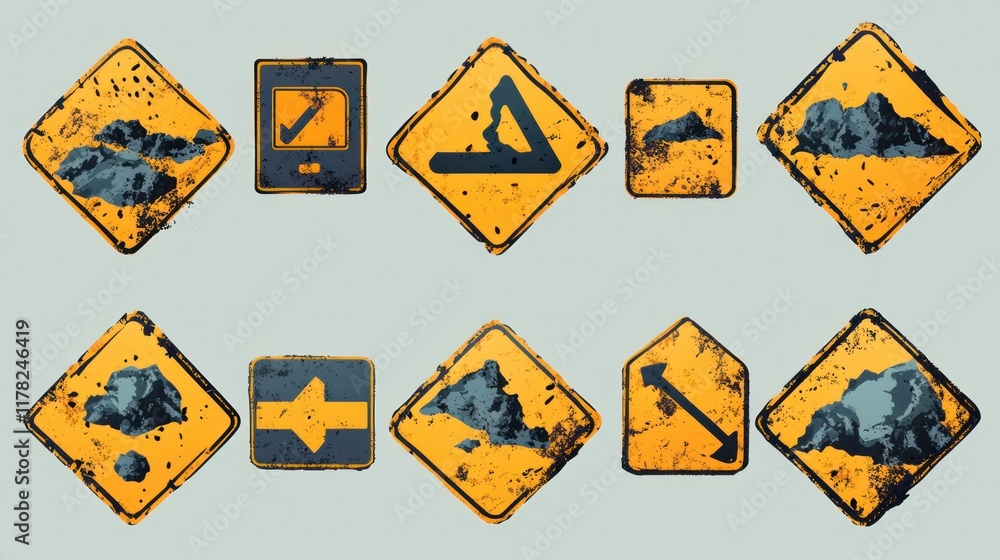A collection of weathered traffic signs indicating various road conditions and directions. A collection of weathered traffic signs indicating various road conditions and directions.