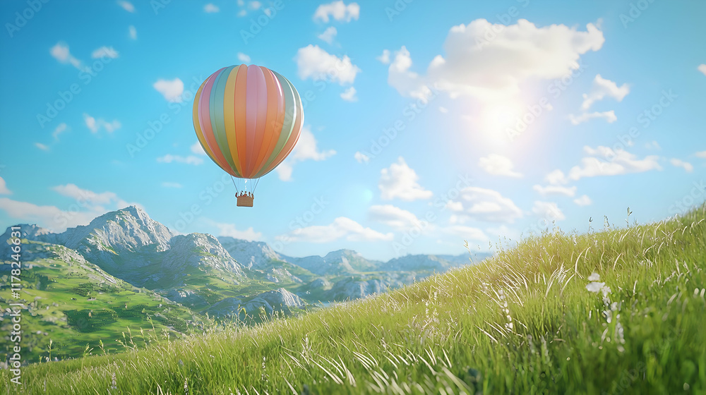 Obraz premium Serene Hot Air Balloon Soaring Over Lush Green Mountainscape