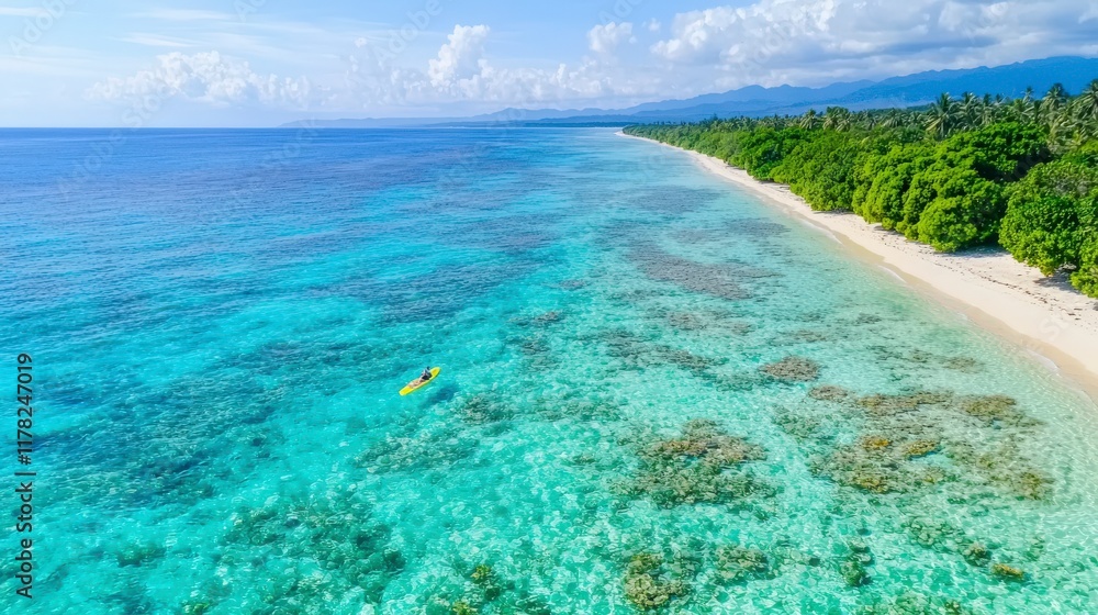 Obraz premium Aerial View of Tropical Beach with Clear Blue Water and Kayaker in the Calm Ocean Landscape
