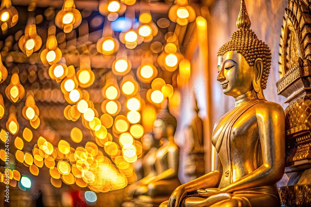 Fototapeta premium Wat Traimit Golden Buddha Bangkok Wall Art Bokeh Photography, Stunning Thai Temple Decor