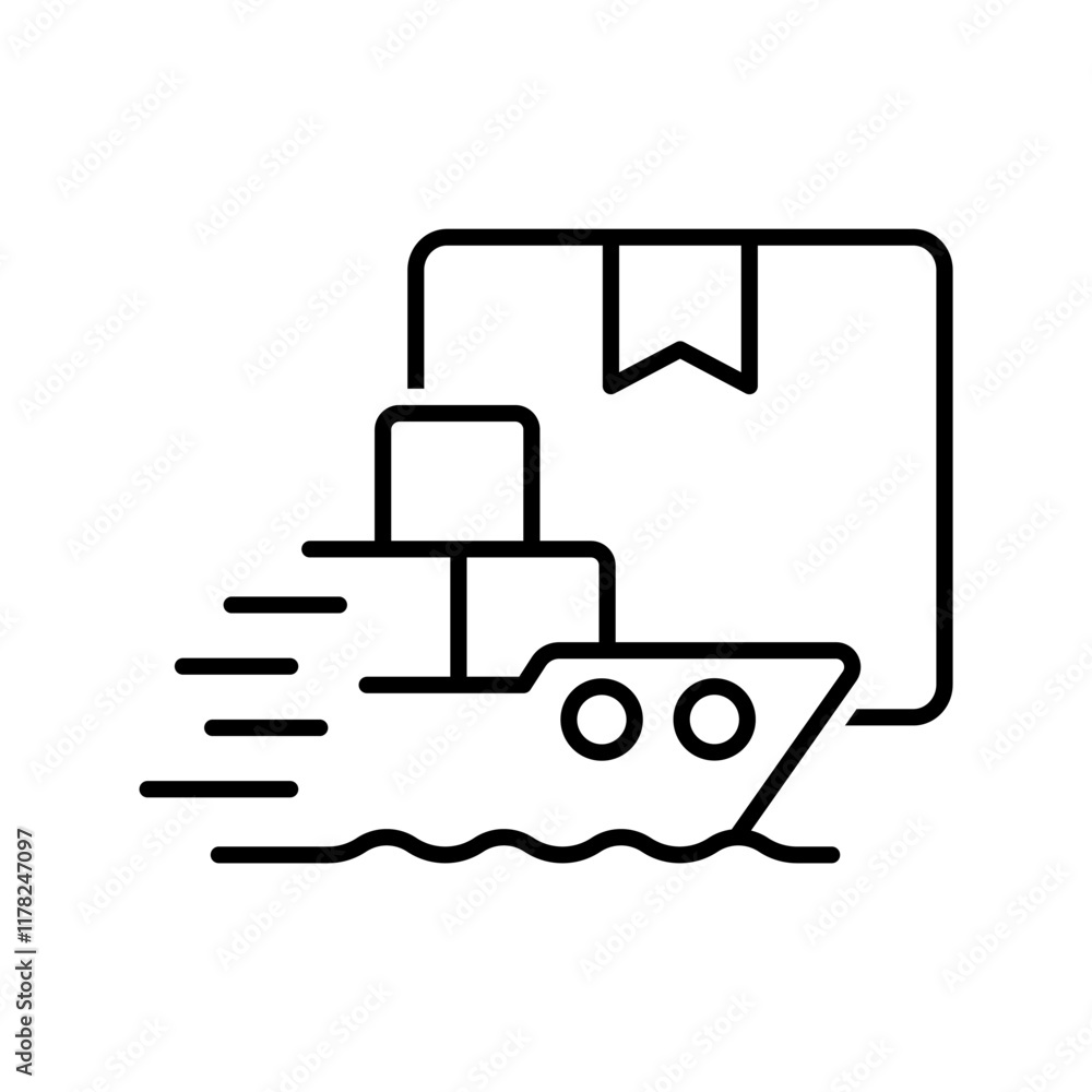 Cargo ship with package box delivery in line style icon. Cruise ship PNG symbol. Vessel, container ship, tanker, boat, fast, delivery signs vector illustration for apps and website Cargo ship with package box delivery in line style icon. Cruise ship PNG symbol. Vessel, container ship, tanker, boat, fast, delivery signs vector illustration for apps and website