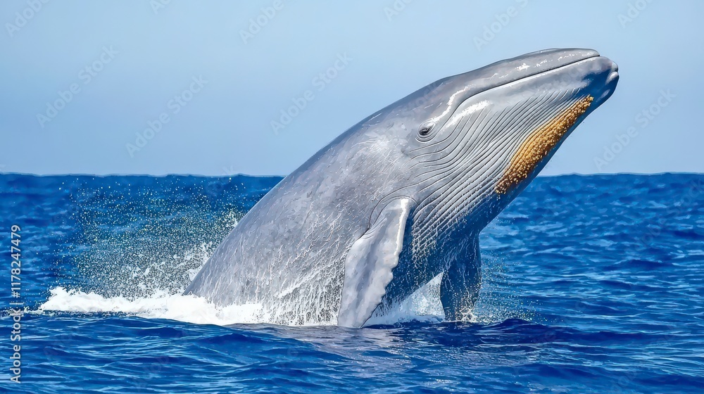 Fototapeta premium Majestic Blue Whale Breaching the Surface in Clear Blue Ocean Waters During Bright Sunny Day