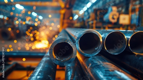 a round steel tube with a high-carbon finish, resting on a stack of construction materials at a worksite, with blurred industrial machinery and welding sparks in the background.
