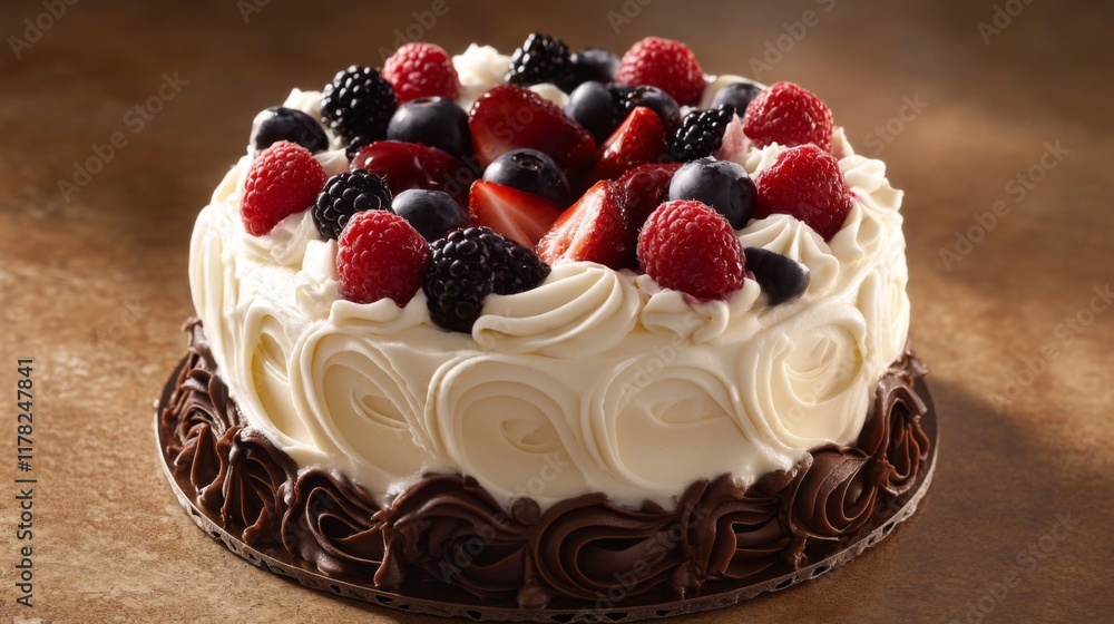 A decadent chocolate cake adorned with swirls of creamy frosting and topped with fresh berries, a tempting treat for any occasion. A decadent chocolate cake adorned with swirls of creamy frosting and topped with fresh berries, a tempting treat for any occasion.
