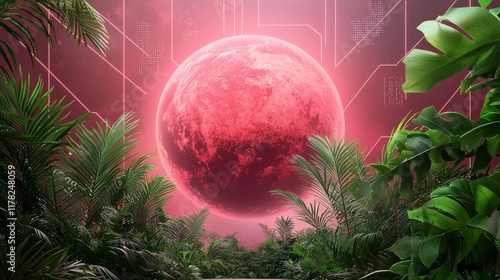 Vibrant Alien Landscape with Lush Greenery and Large Pink Planet in Futuristic Setting photo