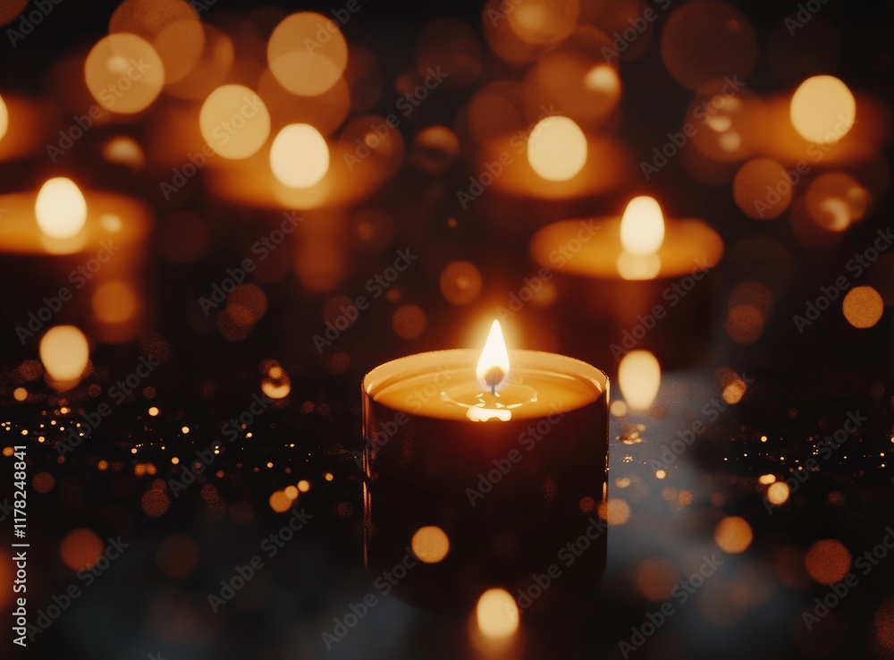 A group of lit candles in the dark, creating an atmosphere of tranquility and reflection on a black background with bokeh lights. The focus is sharp against the blurred light spots from the candle A group of lit candles in the dark, creating an atmosphere of tranquility and reflection on a black background with bokeh lights. The focus is sharp against the blurred light spots from the candle