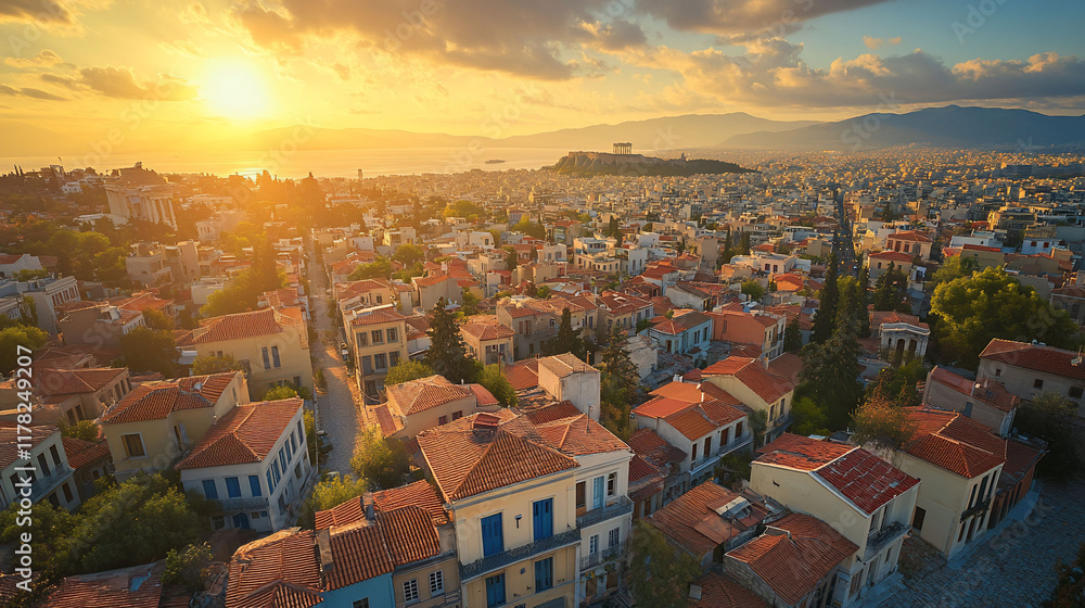 Fototapeta premium Aerial view of Athens cityscape at sunset.
