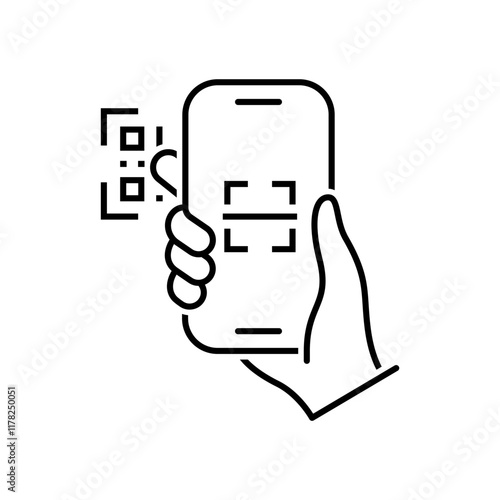 QR code scanning mobile phone in line style icon. Barcode scanner for pay PNG symbol. Hand holding scan QR code signs. vector illustration for apps and website